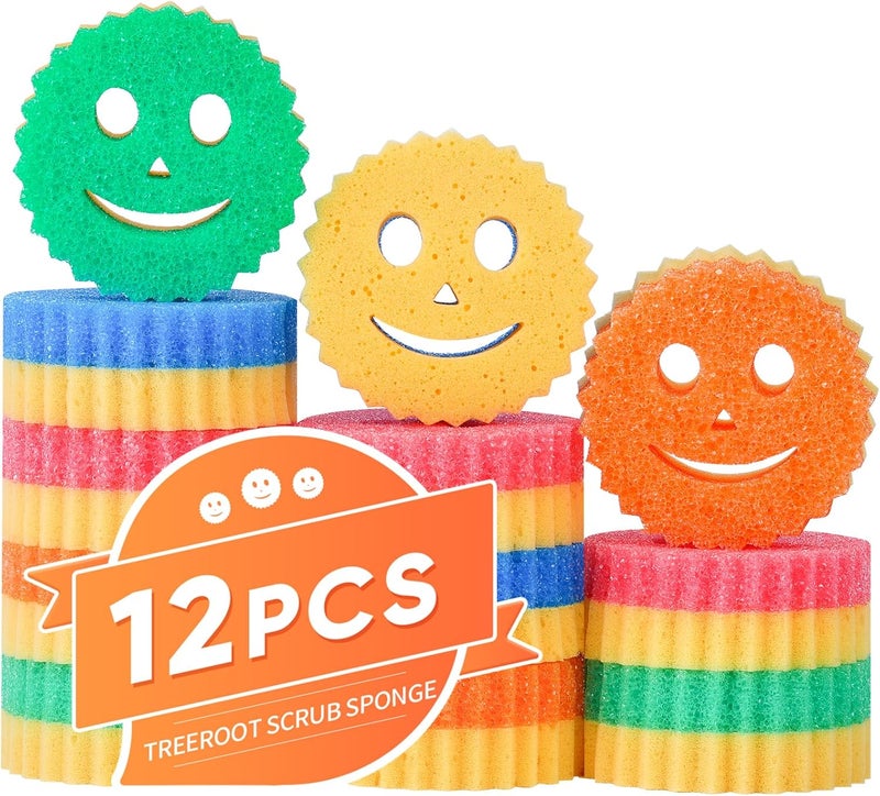 Treeroot 12 Colorful Smile Scrub Sponges, Temperature Controlled Dish Sponge, Double Sided Bulk Kitchen Sponges for Cleaning, Multi Functional Cleaning Sponge for Kitchen, Bathroom, Floor - Image 1
